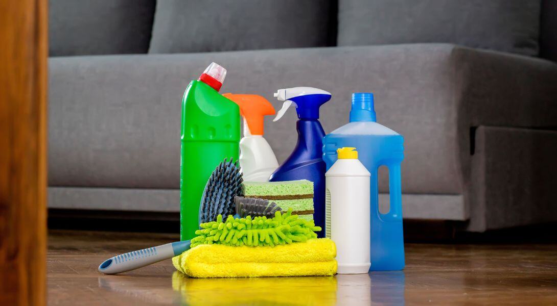 3. Household cleaning products and rags on vinyl floor. Chemical liquids for cleaning. Maintaining cleanliness