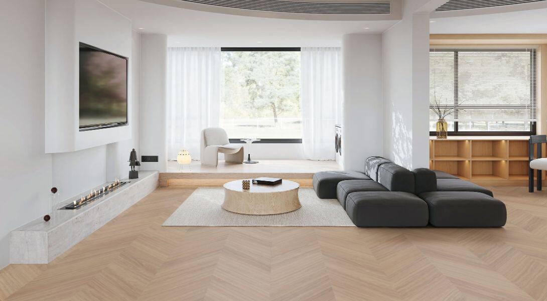 Modern Living Room with Hybrid Timber Chevron Flooring and Fireplace