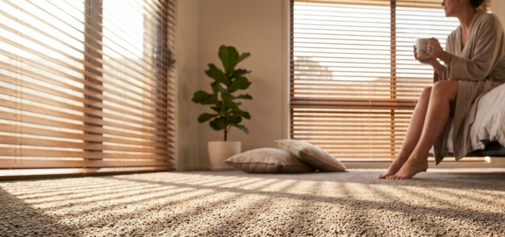Comfy and healthy bedroom with shutters and carpet