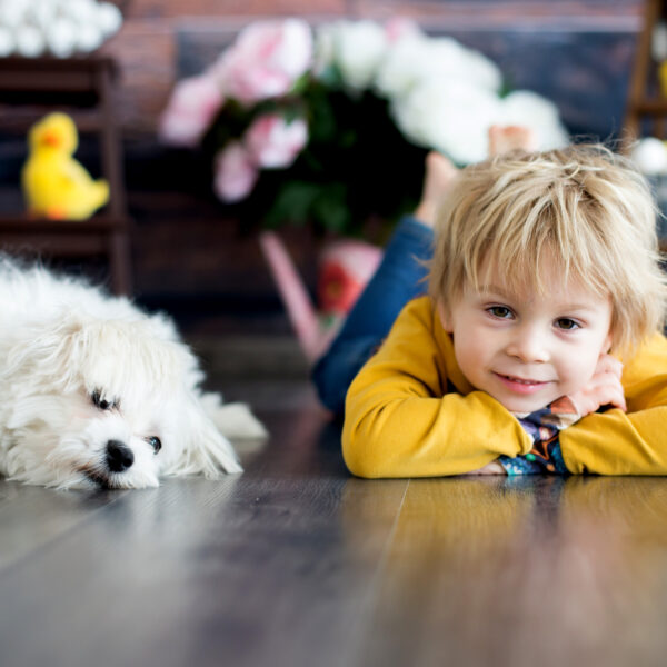 Kid and dog on the floor