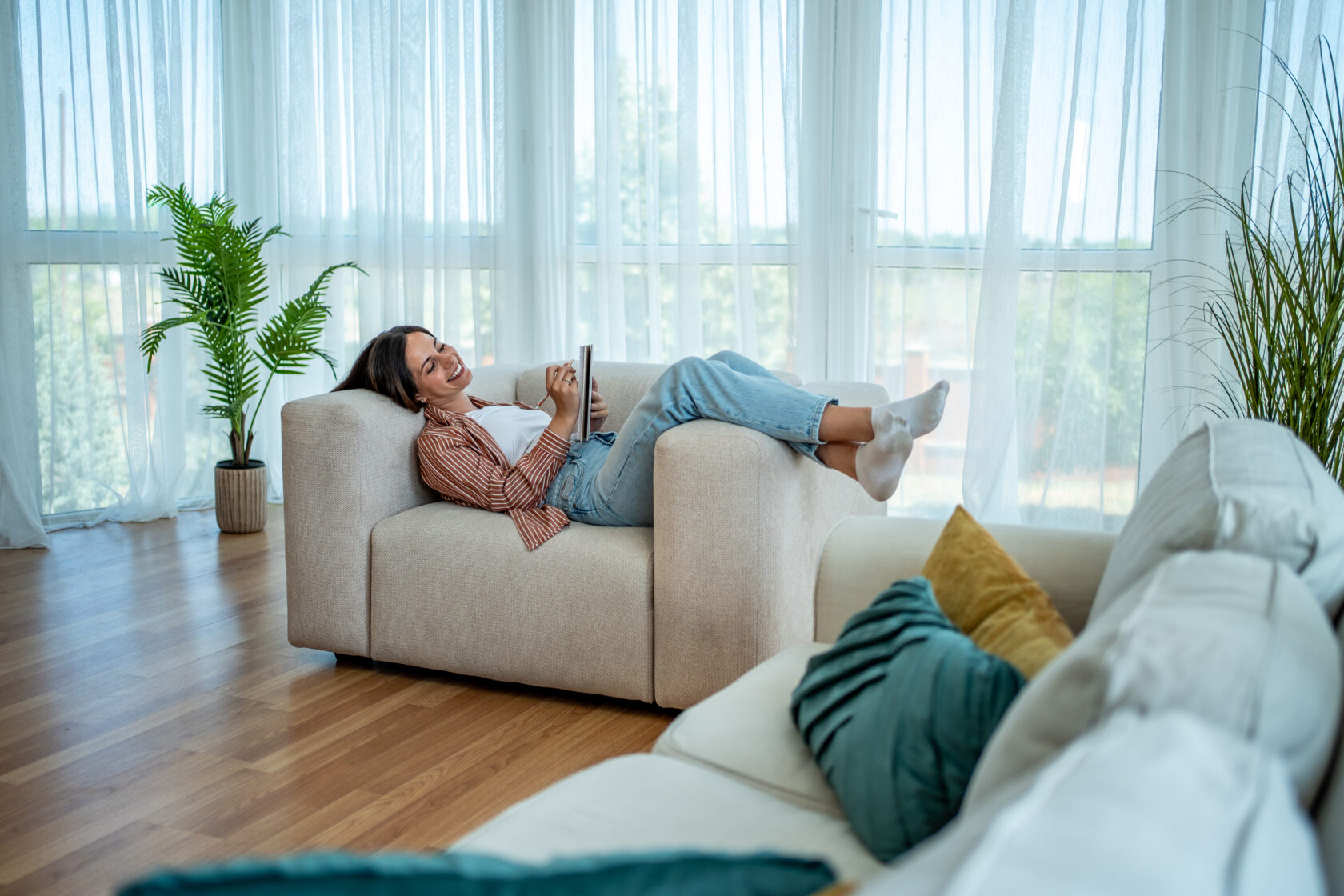 Renovating lady on couch