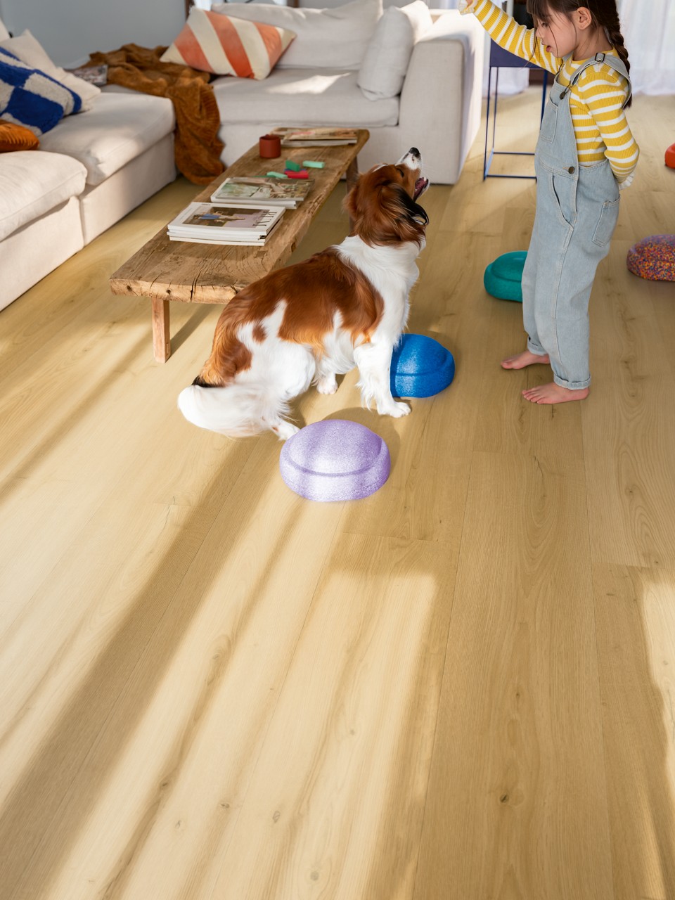 bloom hybrid flooring kid and dog playing