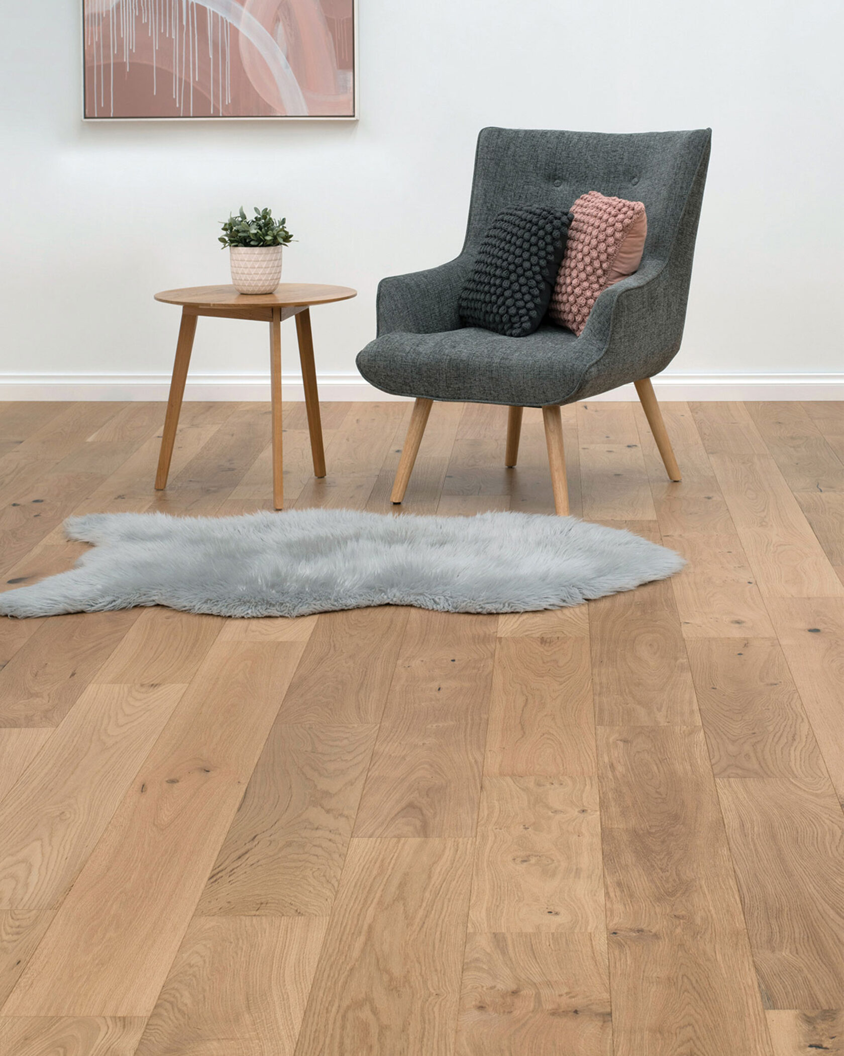 Timber flooring interior with furniture and rug