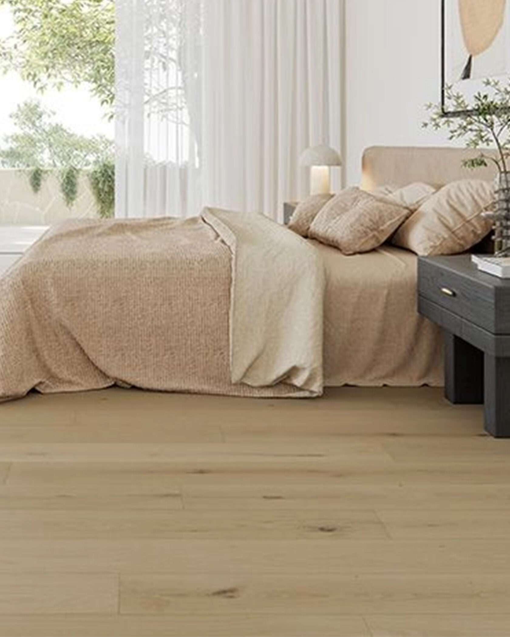 Timber flooring in comfortable bedroom with curtains