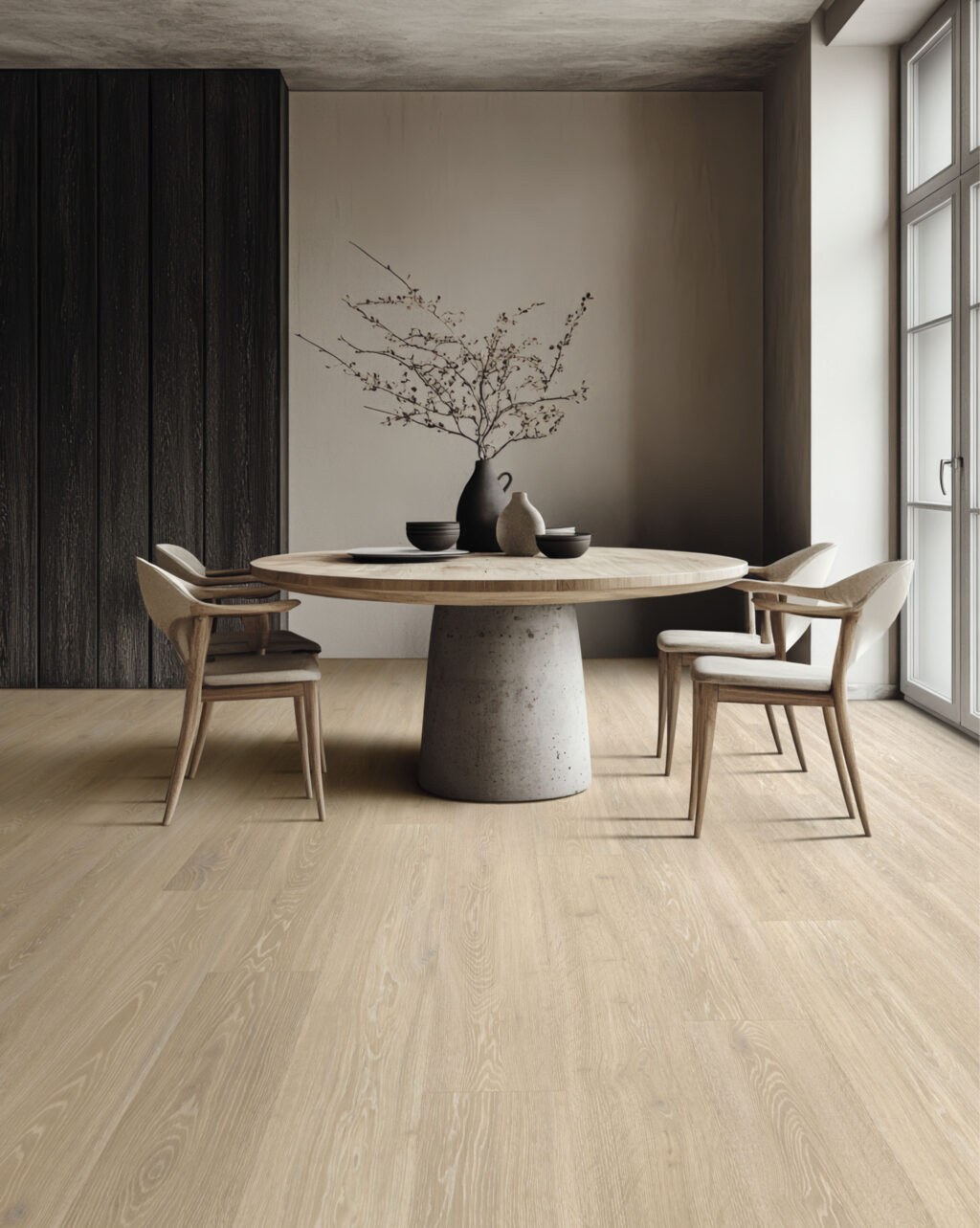 Dining room with modern furniture and timber flooring