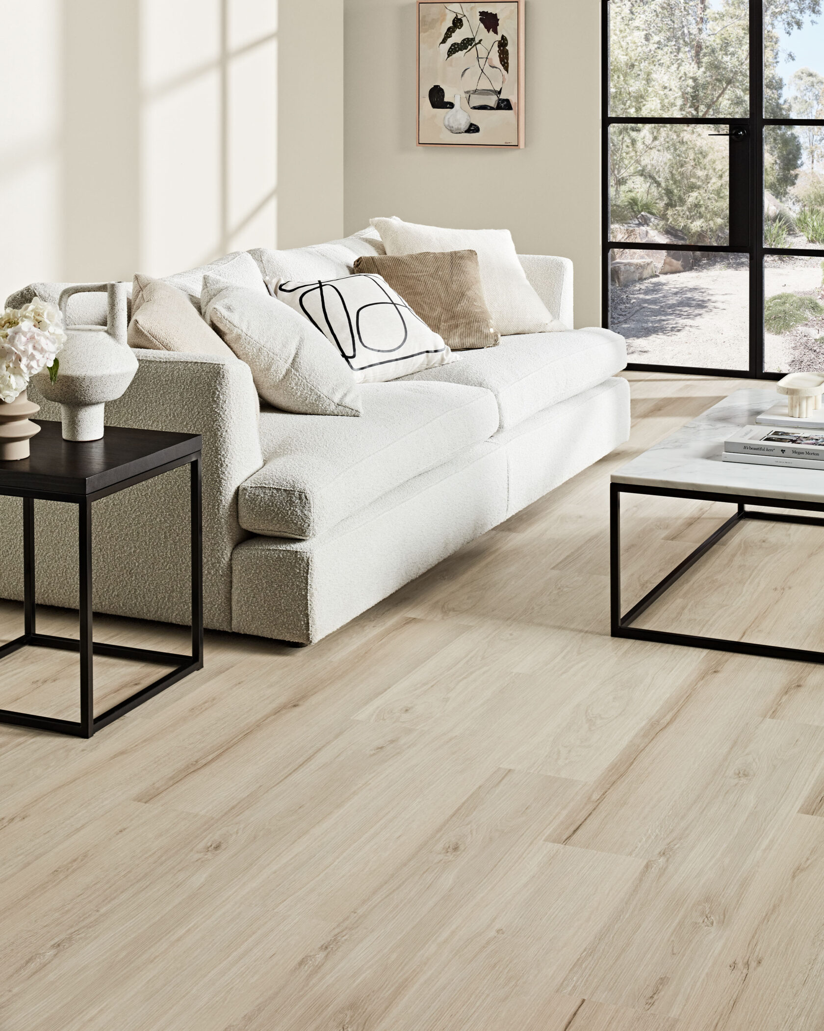 Hybrid flooring in living room with modern furniture